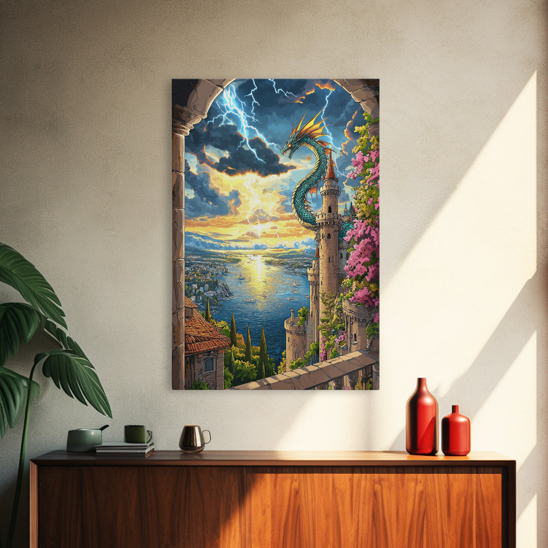 Sunset Sea Dragon Castle Wall Art, Vibrant Fantasy Coastal Landscape Print, Mediterranean Tower Living Room Decor, Gift For Her