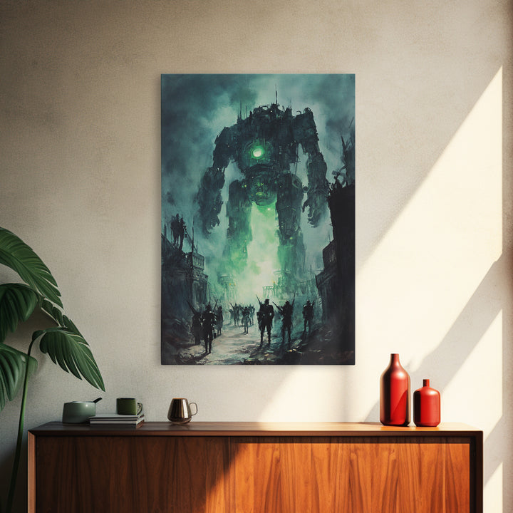 Green Glow Giant Robot Wall Art, Dark Sci Fi Dystopian City Canvas, Futuristic Mech Print, Gaming Room Decor Gift For Him