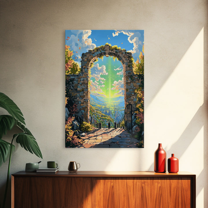 Sunlit Stone Arch Wall Art, Fantasy Coastal Ruins Canvas Print, Ocean Garden Path Landscape, Mediterranean Home Decor Gift