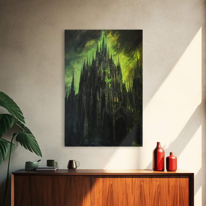 Dark Green Gothic Cathedral Wall Art, Moody Fantasy Castle Canvas Print, Black Spire Architecture, Dark Academia Decor Gift