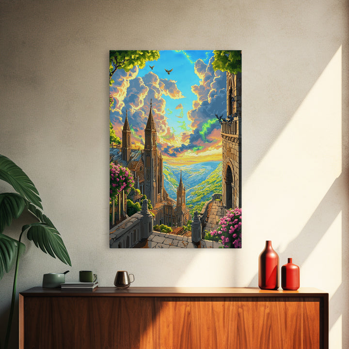 Sunlit Fantasy Cathedral Wall Art, Mountain Valley Castle Print, Floral Stone Balcony Landscape, Whimsical Home Decor Gift