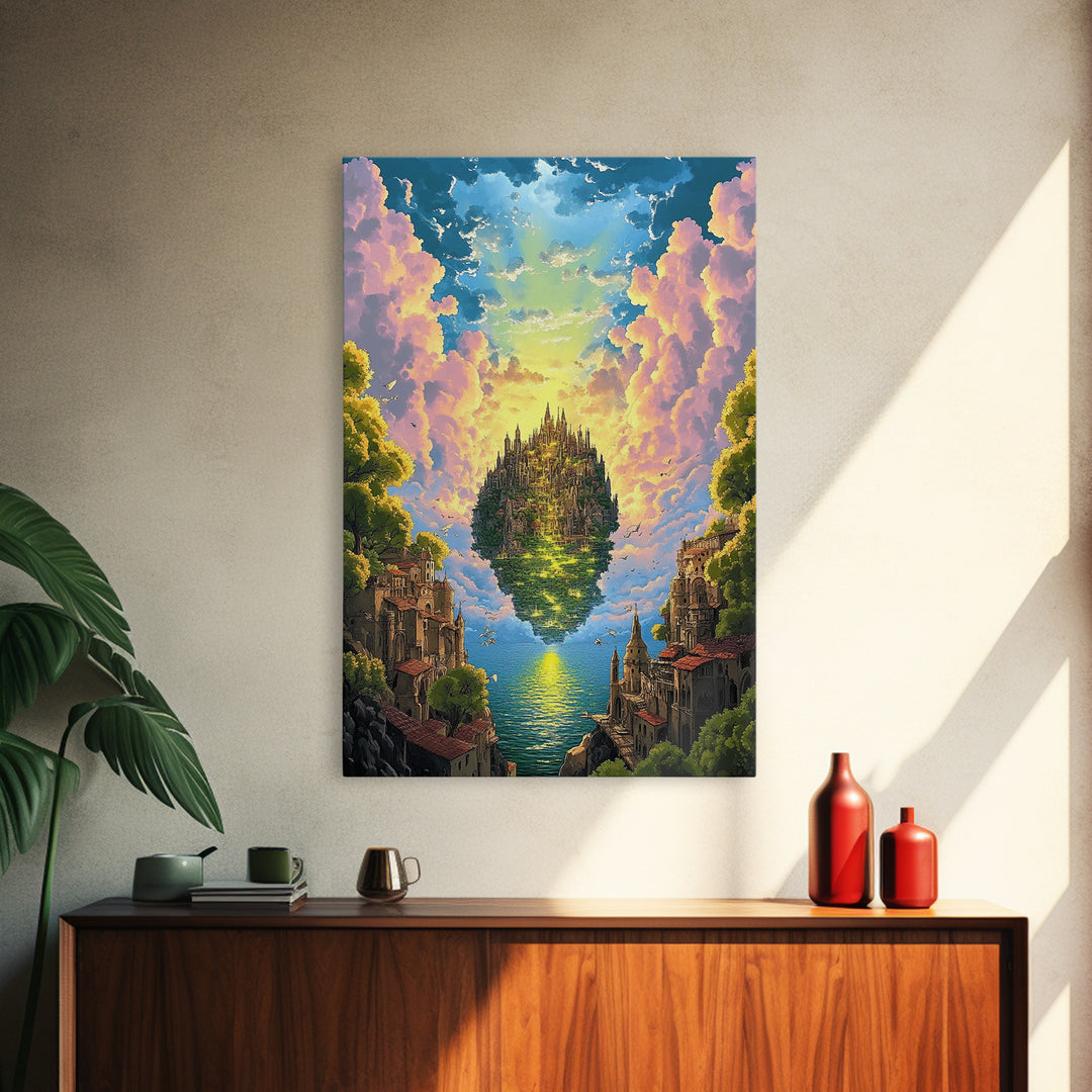 Floating Island Castle At Golden Sunset Canvas Print, Fantasy Wall Decor, Coastal Landscape Art, Large Living Room Decor