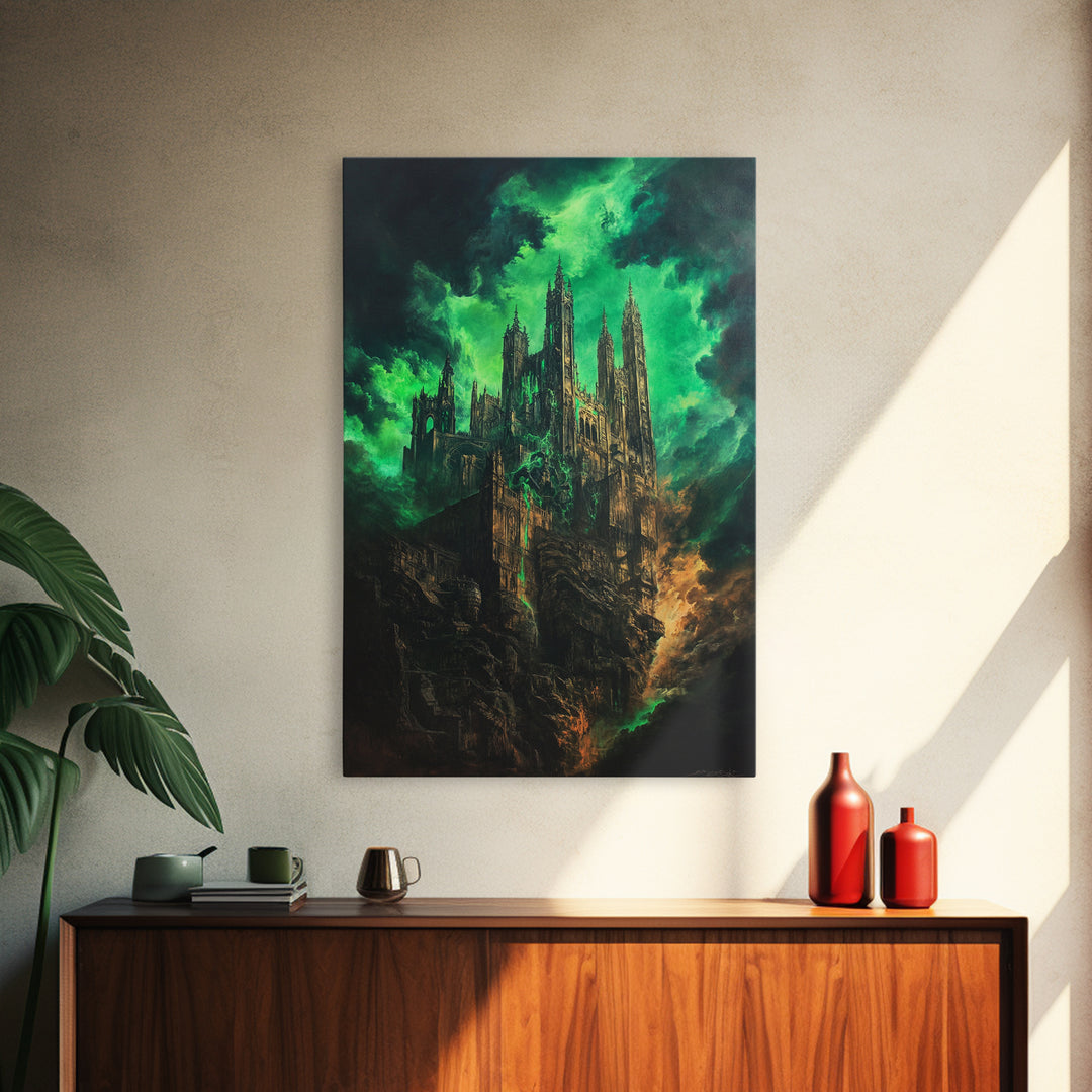 Emerald Gothic Cathedral In Storm Clouds Framed Canvas Print, Dark Fantasy Art, Moody Wall Decor, Dramatic Office Decor