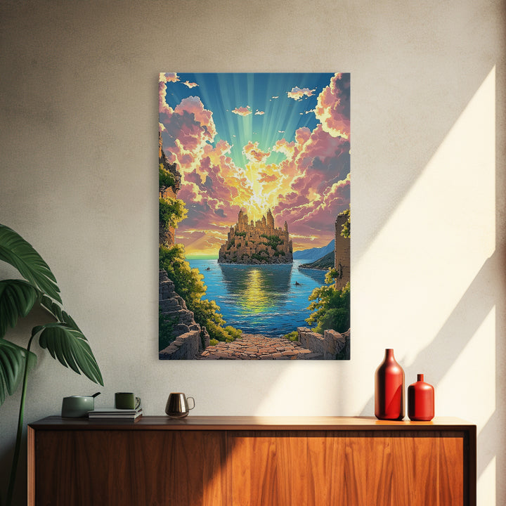 Sunlit Island Castle With Pink Clouds Canvas Print, Fantasy Landscape Wall Art, Coastal Decor, Large Living Room Art, Home Decor