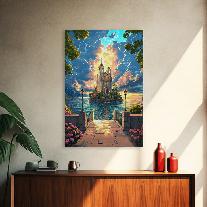 Lightning Over Island Cathedral And Lake Walkway Wall Art, Fantasy Landscape Print, Statement Living Room Decor Gift Idea