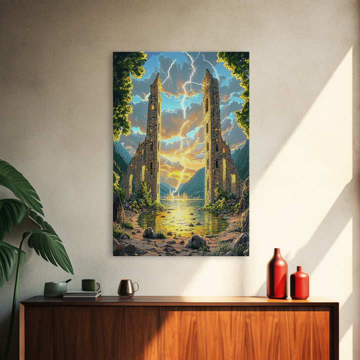 Ancient Ruined Towers With Lightning At Lake Canvas Print, Fantasy Landscape Wall Art, Mountain Decor, Dramatic Home Decor