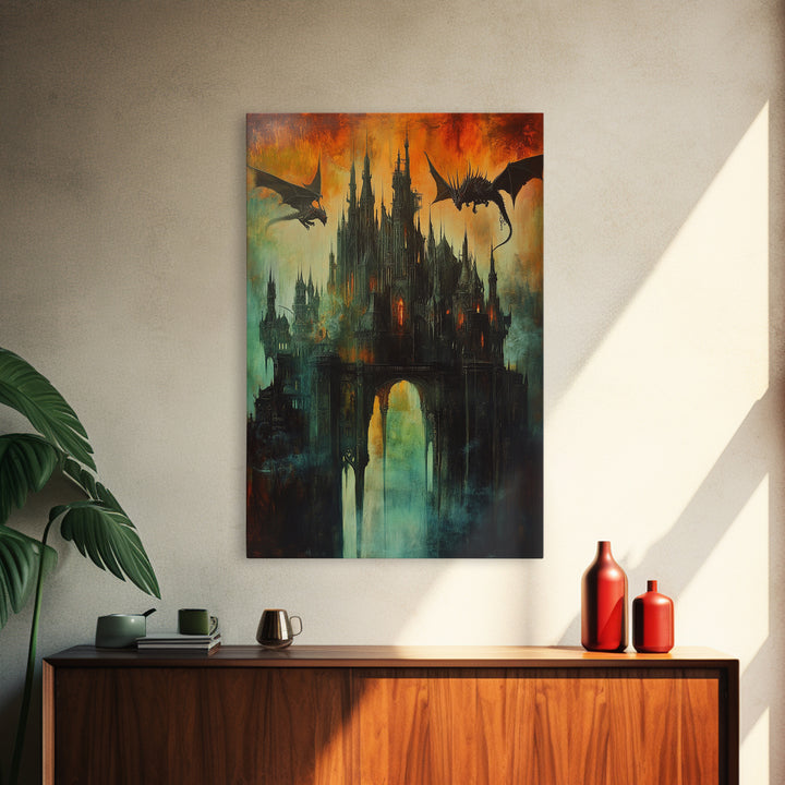 Dragon Silhouettes Above Dark Castle Canvas Print, Gothic Fantasy Wall Art, Surreal Art Print, Moody Living Room Decor, Gift