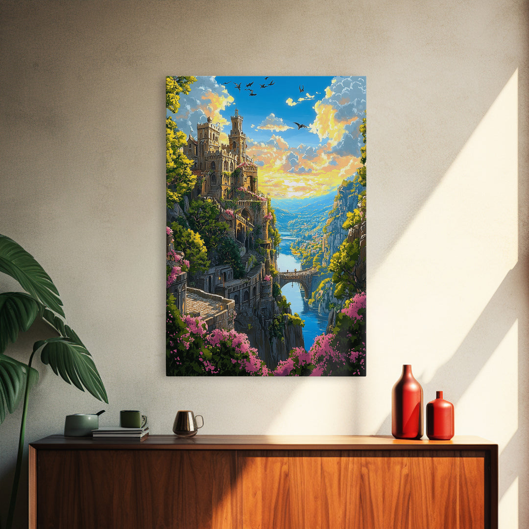 Cliffside Castle Garden Over Blue Valley Wall Art, Fantasy Landscape Print, Colorful Home Decor, Large Living Room Art, Gift