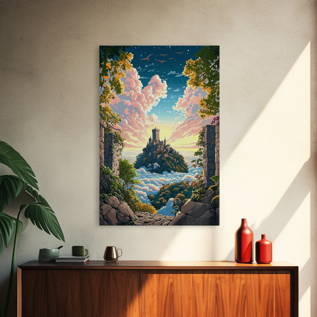 Castle Above Clouds Through Stone Gate Canvas Print, Dreamy Fantasy Wall Art, Whimsical Decor, Large Bedroom Wall Art, Gift