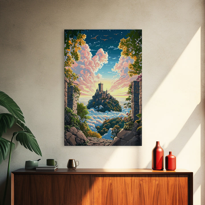 Castle Above Clouds Through Stone Gate Canvas Print, Dreamy Fantasy Wall Art, Whimsical Decor, Large Bedroom Wall Art, Gift