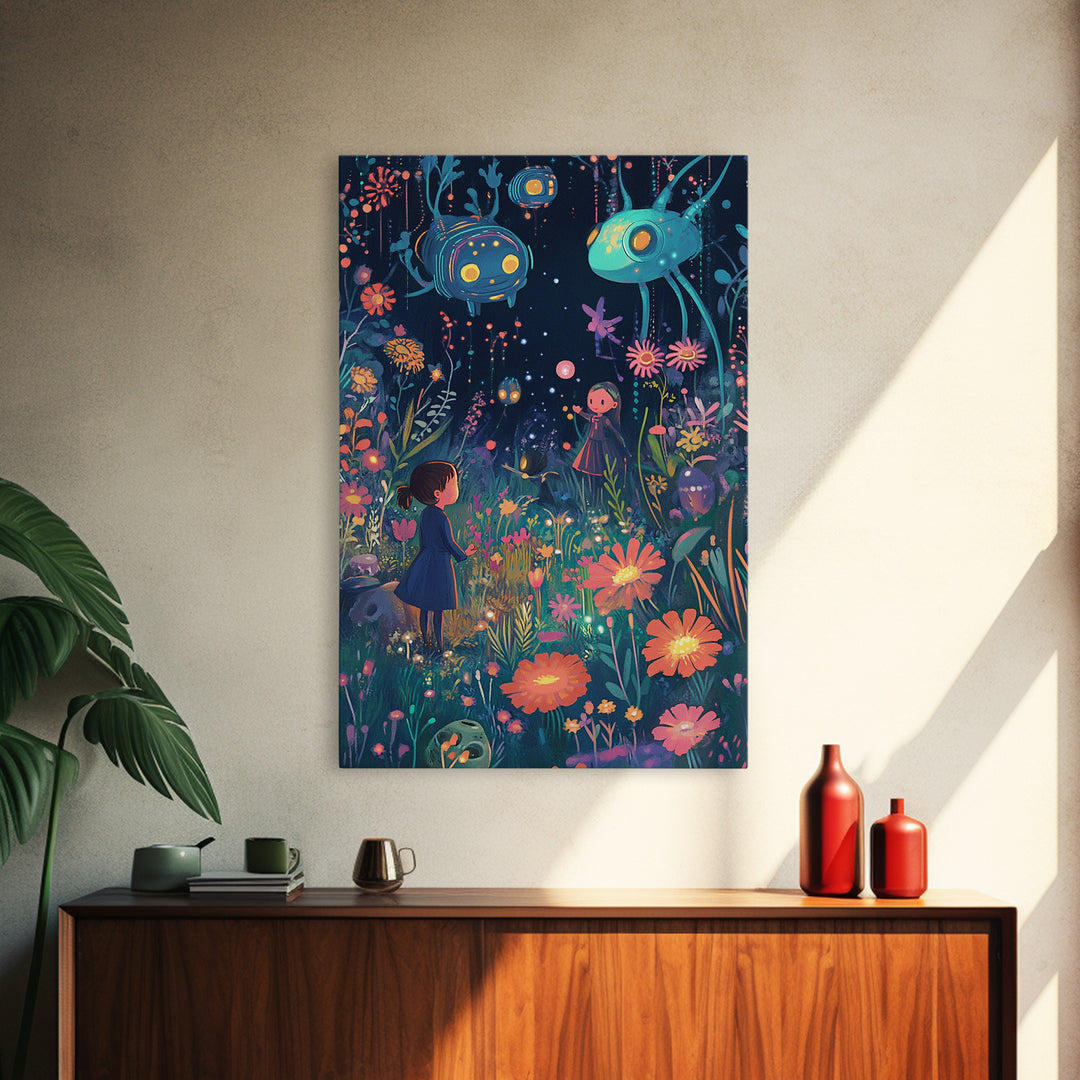 Whimsical Night Garden With Glowing Flowers Canvas Print, Kids Room Wall Art, Nursery Decor, Colorful Fantasy Art Gift Idea