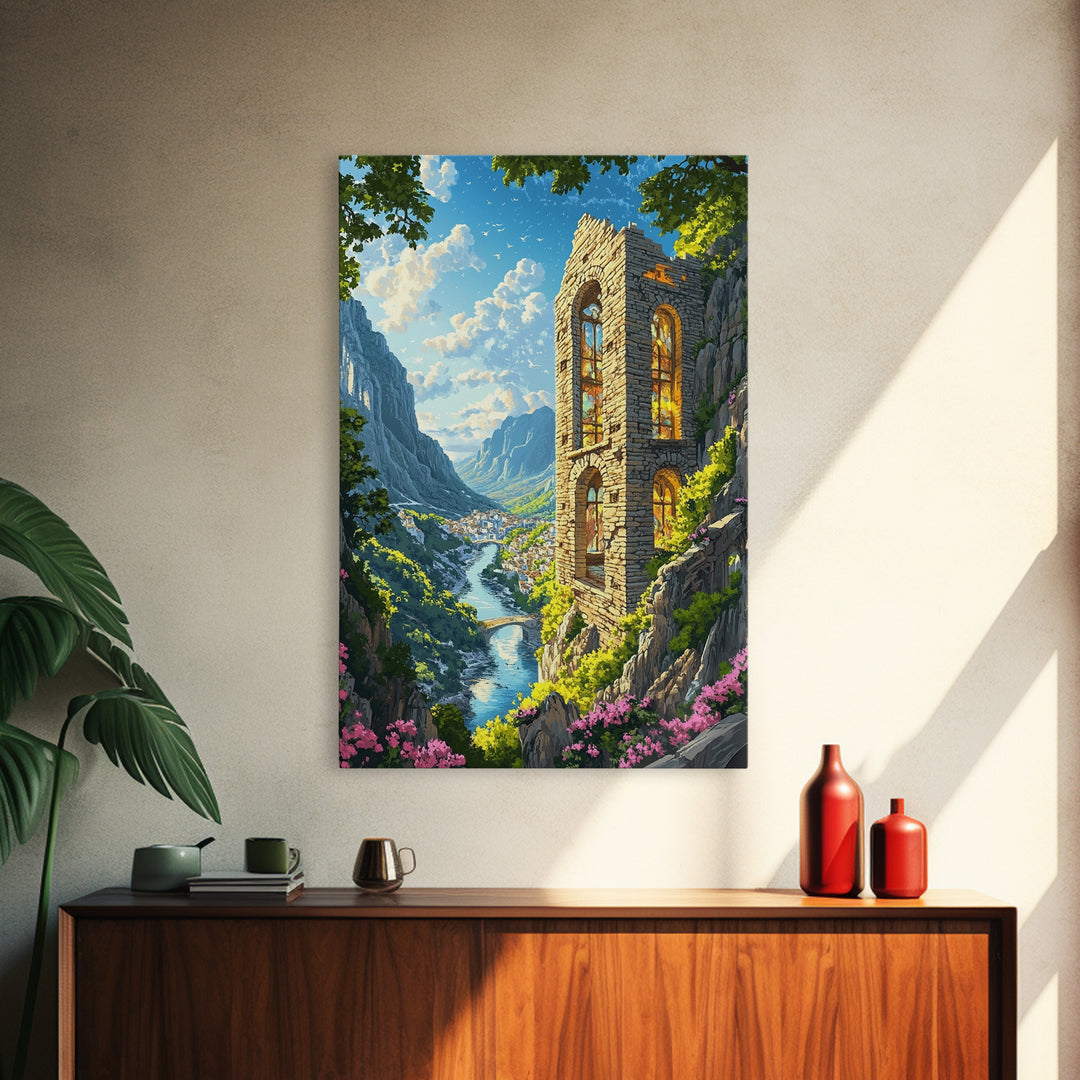 Sunlit Cliffside Stone Tower Above Alpine River Valley Wall Art, Fantasy Landscape Print, Gothic Ruins Decor Gift For Living Room
