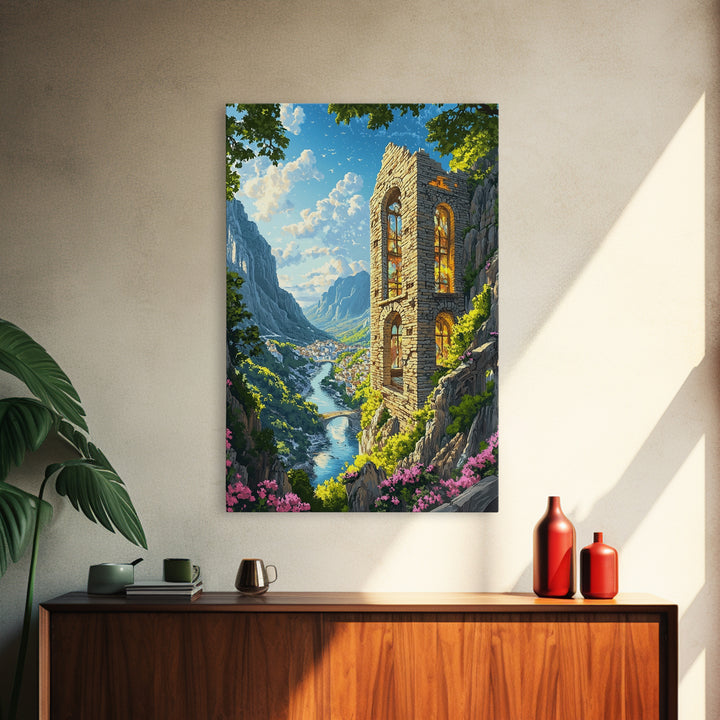 Sunlit Cliffside Stone Tower Above Alpine River Valley Wall Art, Fantasy Landscape Print, Gothic Ruins Decor Gift For Living Room