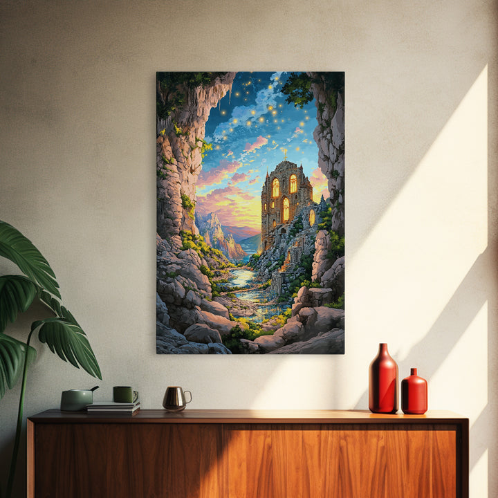 Twilight Cave Ruins With Glowing Windows And Starry Sky Framed Canvas Print, Fantasy Mountain Wall Decor For Cozy Home Gift