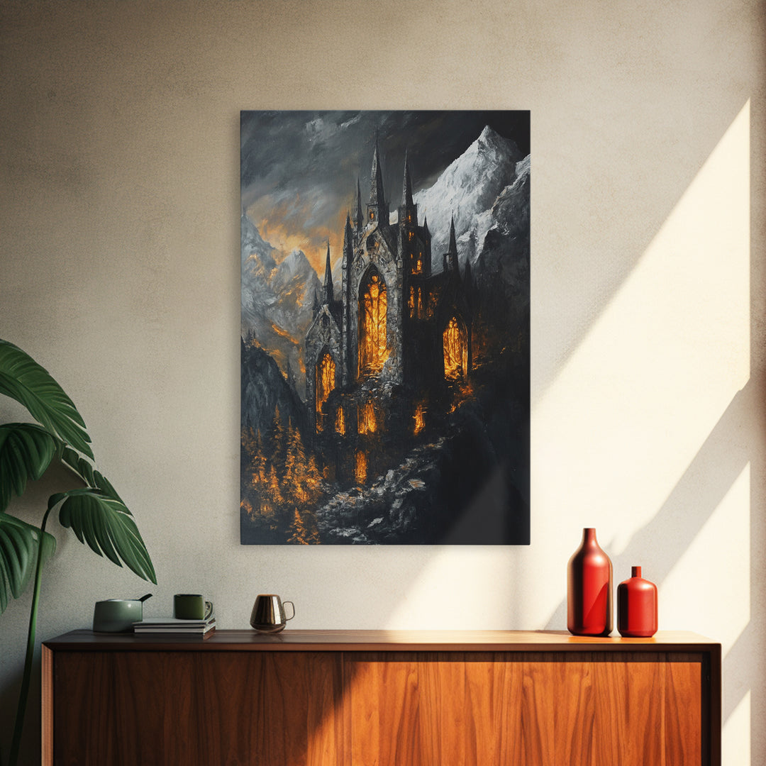 Dark Gothic Cathedral In Snowy Mountains With Amber Windows Canvas Print, Moody Fantasy Wall Art, Dark Academia Decor For Office