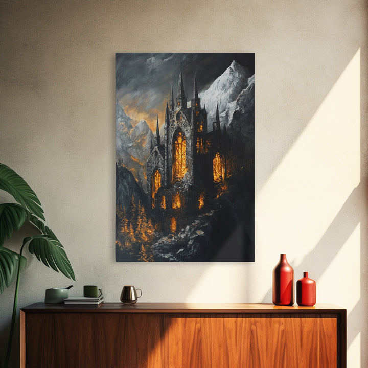 Dark Gothic Cathedral In Snowy Mountains With Amber Windows Canvas Print, Moody Fantasy Wall Art, Dark Academia Decor For Office