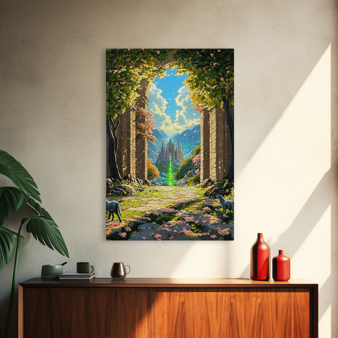 Enchanted Garden Archway To Distant Cathedral With Green Magic Wall Art, Fantasy Landscape Print, Whimsical Decor For Living Room