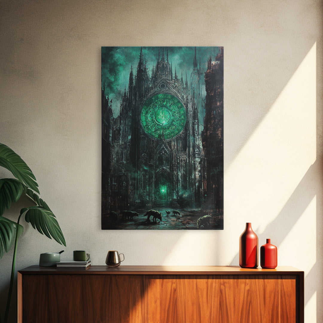 Emerald Rose Window On Dark Gothic Cathedral With Wolves Wall Art, Moody Fantasy Print, Dark Academia Office Decor For Living Room