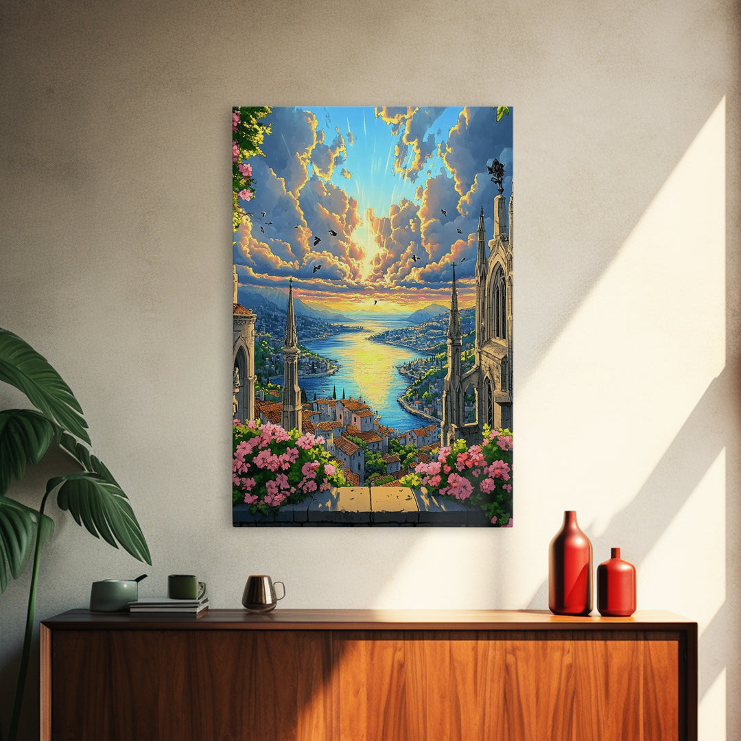 Sunset Harbor City From Cathedral Balcony With Pink Flowers Framed Canvas Print, Coastal Fantasy Wall Art, Home Decor For Living Room