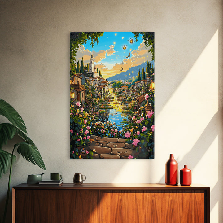 Sunlit Fantasy Village Canal With Flowers Canvas Print, Mediterranean Castle Wall Art For Living Room Decor Housewarming Gift