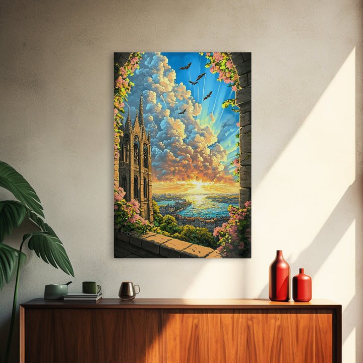 Gothic Cathedral Window At Golden Sunset Framed Canvas Print, Fantasy Landscape Wall Art For Bedroom Home Decor Gift For Her