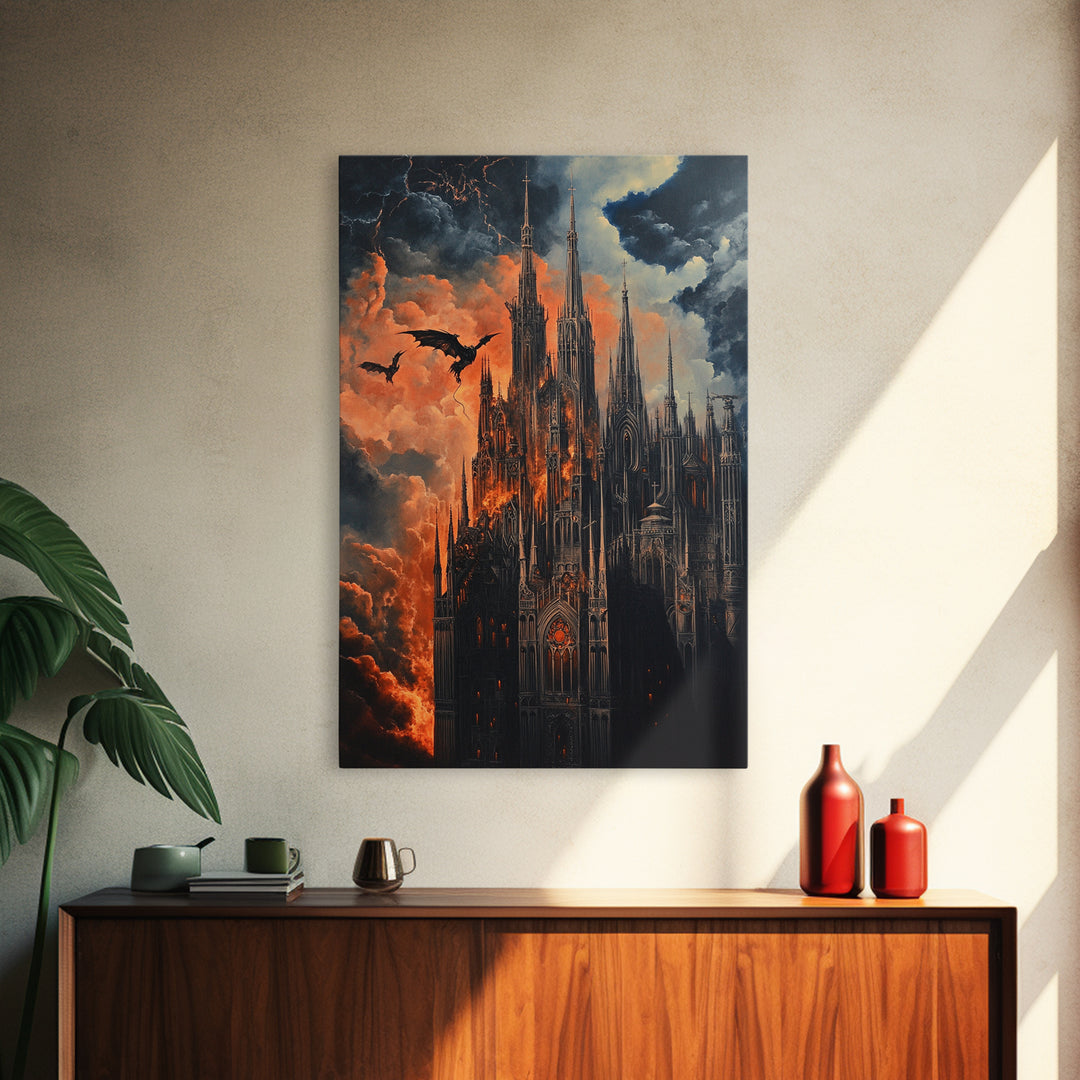 Burning Gothic Cathedral With Dragons Framed Canvas Print, Dark Fantasy Wall Art For Moody Gothic Office Decor Gift For Him