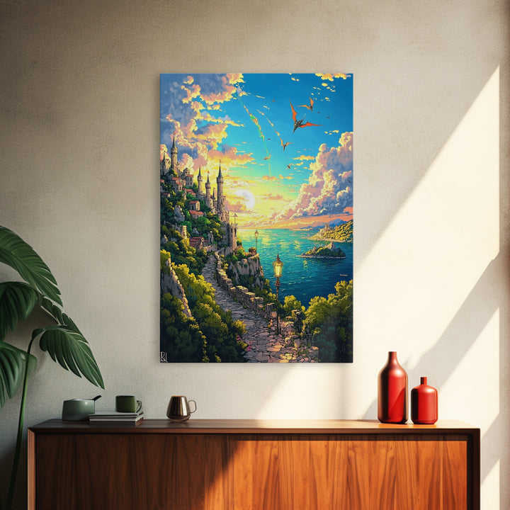 Sunset Seaside Castle Path With Dragons Canvas Print, Fantasy Coastal Wall Art For Living Room Home Decor Housewarming Gift