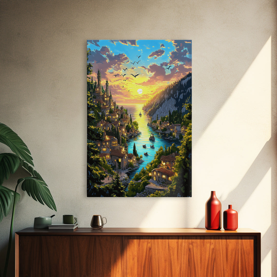 Glowing River Valley Castle Village Canvas Print, Fantasy Landscape Wall Art For Cozy Living Room Decor Housewarming Gift