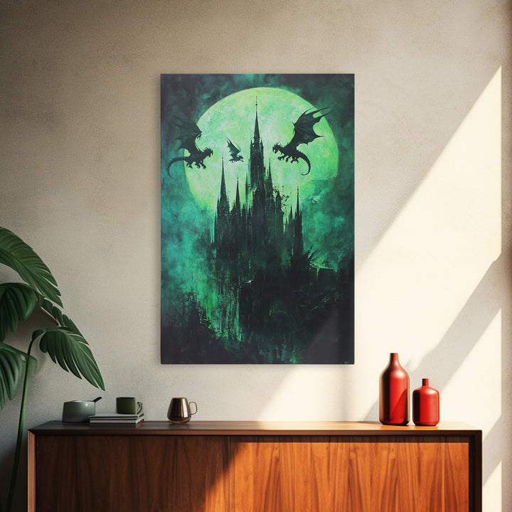 Green Moon Dragon Castle Framed Canvas Print, Gothic Dark Fantasy Wall Art For Moody Bedroom Decor Halloween Gift For Him