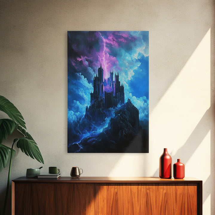 Stormy Gothic Castle With Purple Lightning Canvas Print, Dark Fantasy Wall Art For Moody Bedroom And Office Decor Gift For Him
