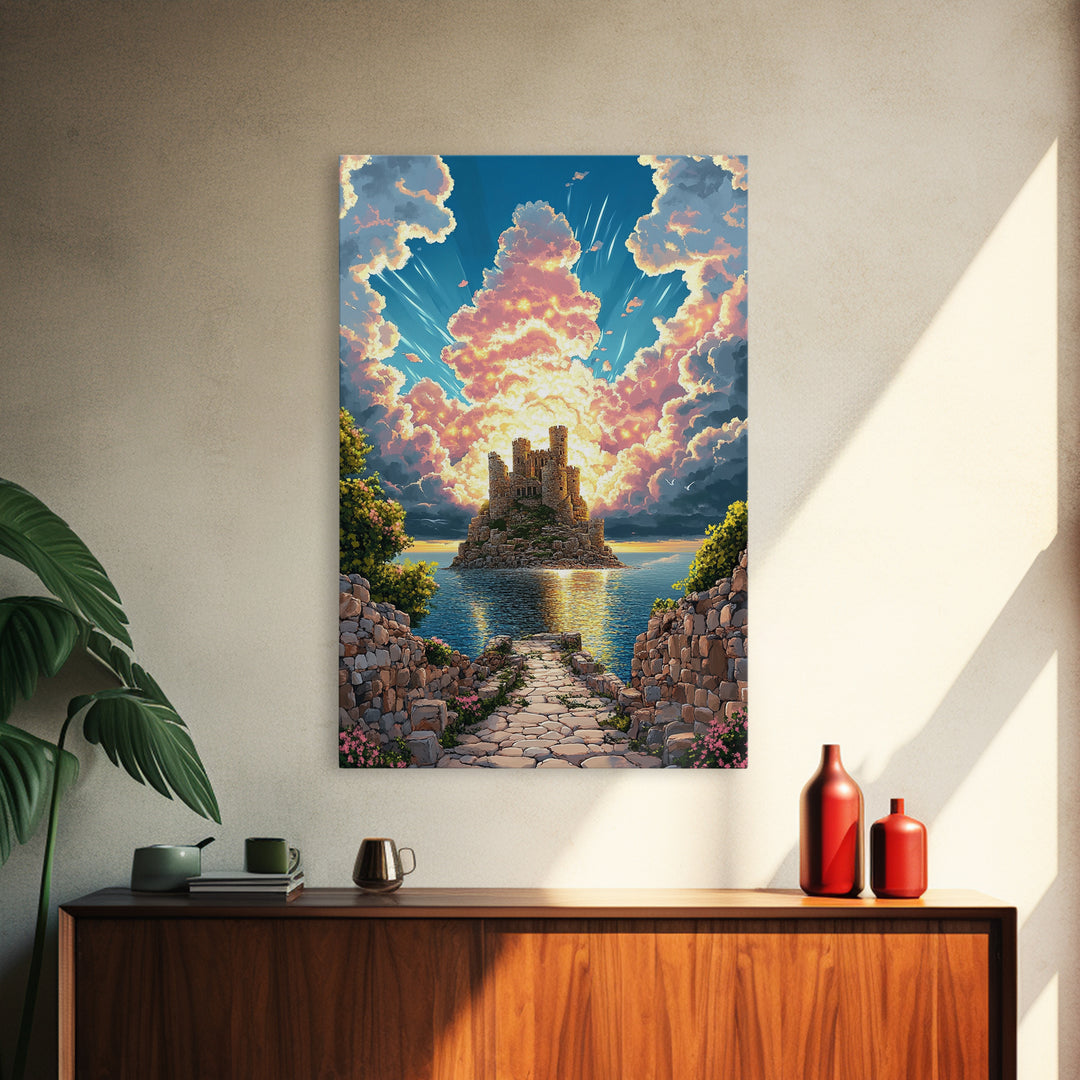 Island Castle Ruins Under Radiant Clouds Canvas Print, Coastal Fantasy Wall Art For Living Room Home Decor Housewarming Gift