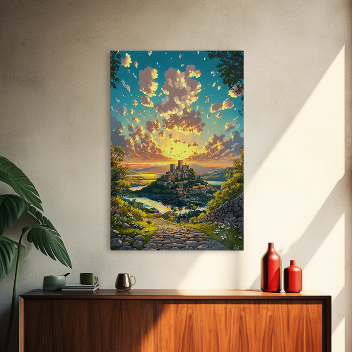 Sunrise Hilltop Castle Village Stone Path Canvas Print, Fantasy Landscape Wall Art For Living Room Decor Housewarming Gift