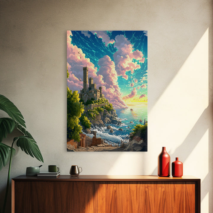 Sunlit Coastal Castle By Turquoise Sea Wall Art, Fantasy Landscape Print, Ocean Cliff Decor, Large Canvas Home Decor, Gift