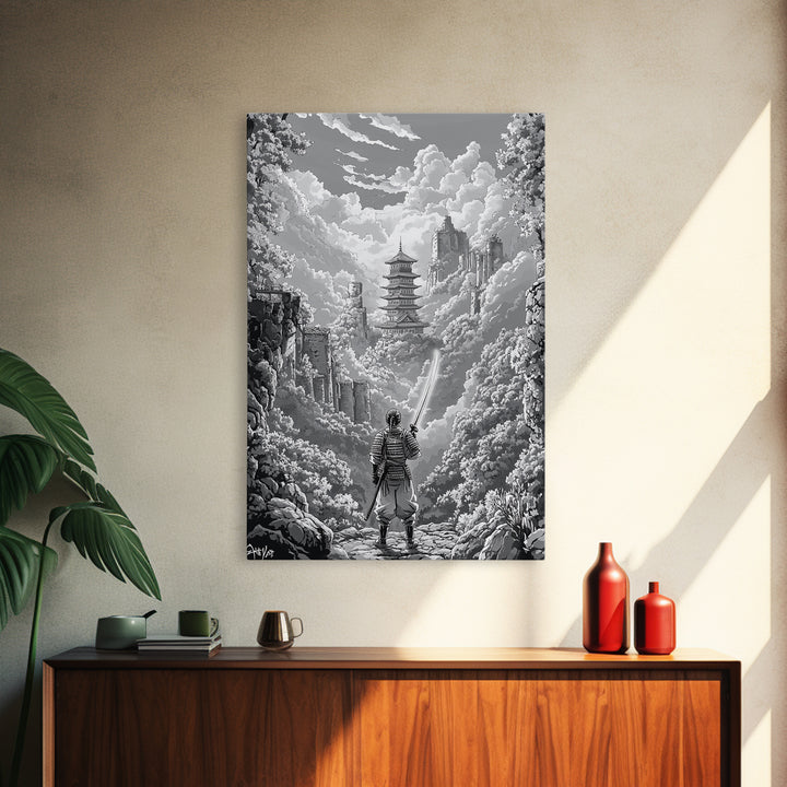 Black And White Samurai Temple Wall Art, Japanese Pagoda Fantasy Print, Monochrome Landscape, Framed Canvas Print, Home Decor