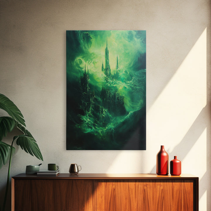 Emerald Gothic Floating Castle Large Canvas Print, Dark Fantasy Wall Art, Surreal Green Cityscape, Moody Home Decor Gift