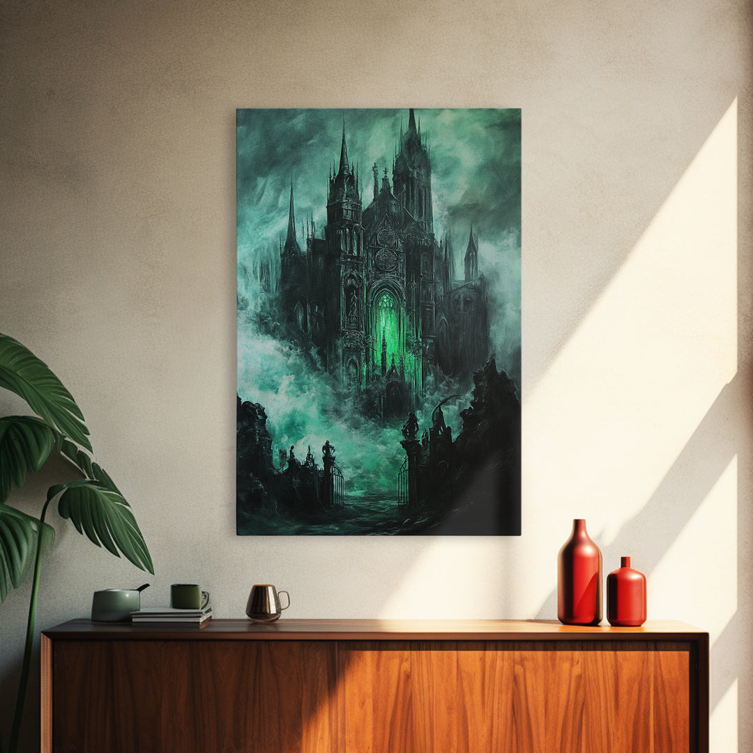 Haunted Gothic Cathedral In Emerald Mist Wall Art, Dark Academia Decor, Fantasy Architecture, Moody Framed Canvas Print, Gift