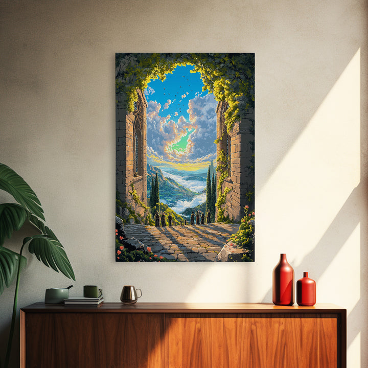 Sunlit Stone Archway Over Mountain Valley Wall Art, Italian Landscape Print, Garden Ruins Decor, Large Framed Canvas Print