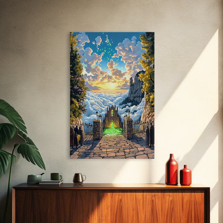 Glowing Cathedral Gate Above Cloud Sea Wall Art, Fantasy Landscape Print, Celestial Castle Decor, Large Framed Canvas Print