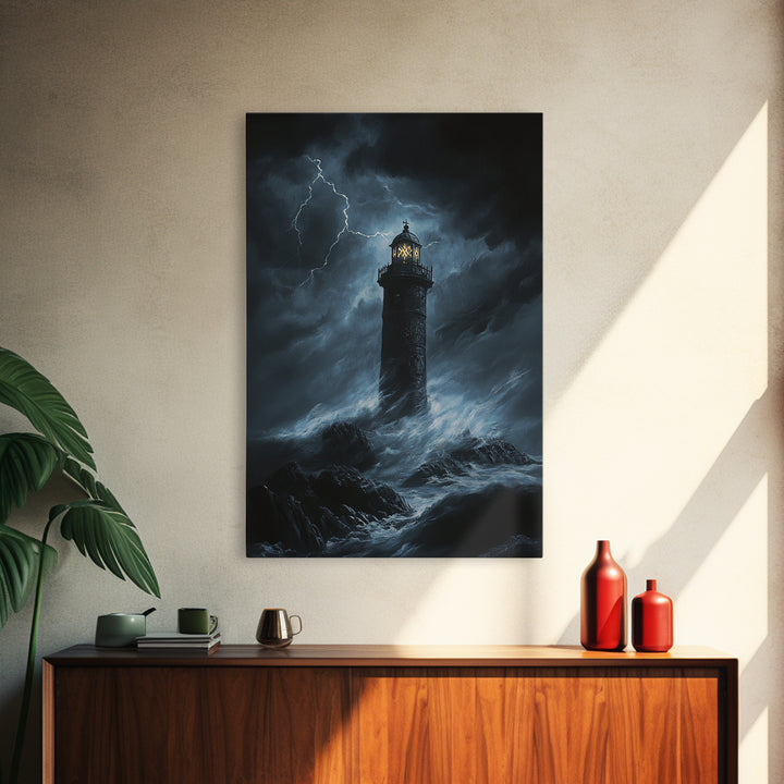 Stormy Lighthouse In Moonlit Waves Wall Art, Dark Coastal Seascape Print, Nautical Ocean Decor, Large Framed Canvas Print