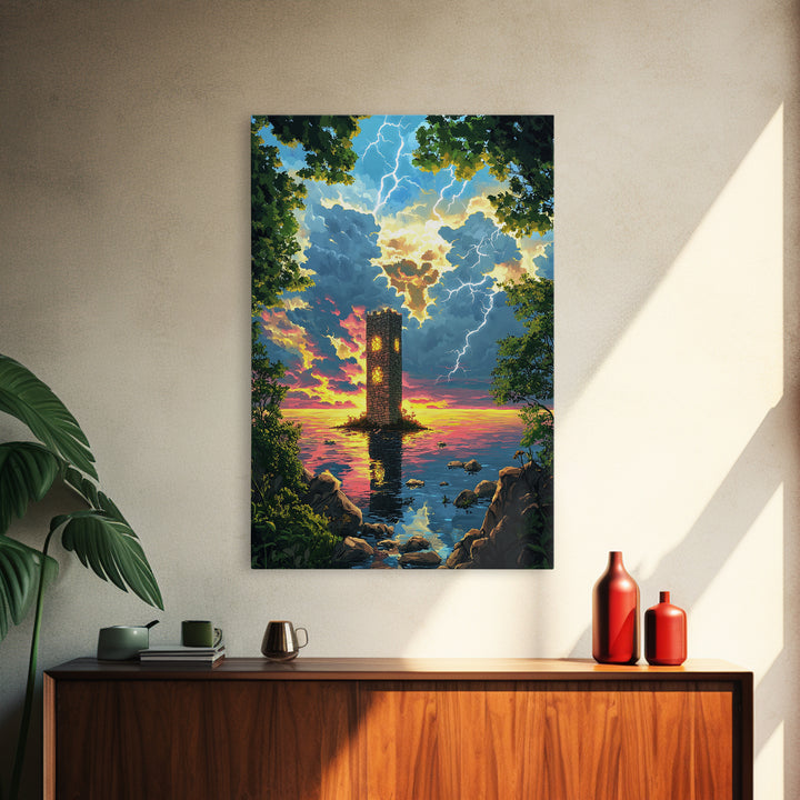 Lightning Struck Sea Tower At Sunset Canvas Print, Fantasy Coastal Wall Art, Stormy Ocean Decor, Large Framed Canvas Print
