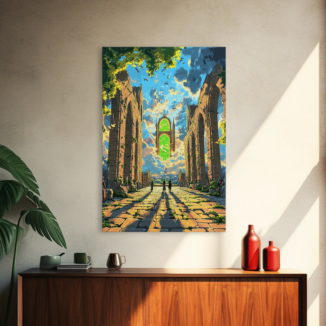 Sunlit Ruined Cathedral Portal Canvas Print, Fantasy Wall Art, Gothic Architecture, Mystical Landscape, Living Room Decor