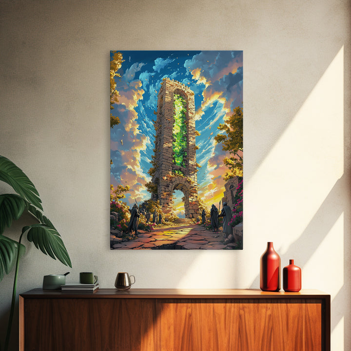 Glowing Stone Tower Gate Framed Canvas Print, Fantasy Wall Art, Gothic Ruins, Magical Landscape, Statement Home Decor, Living Room Art