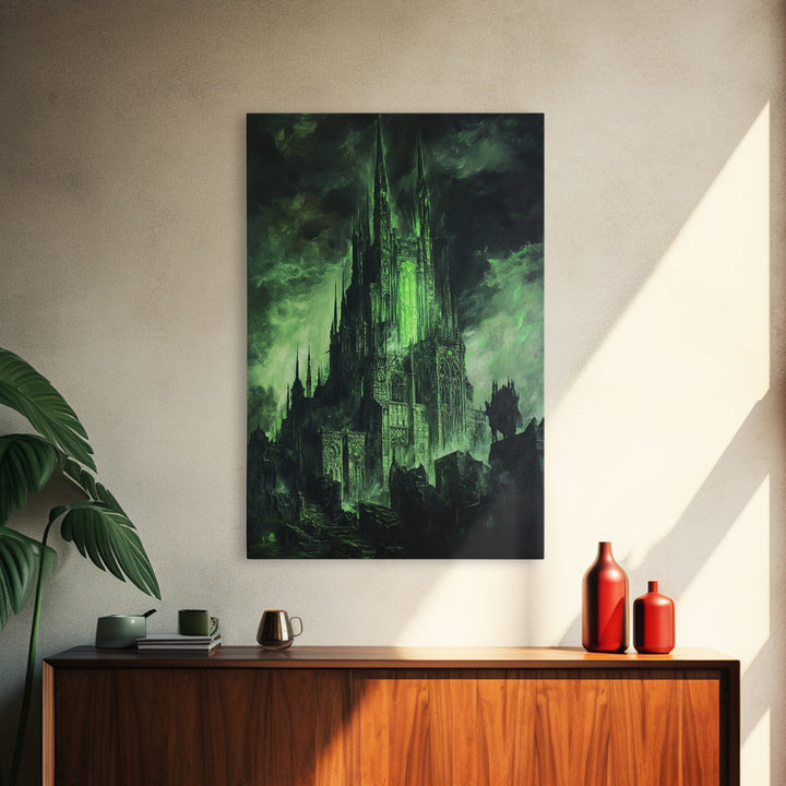 Dark Green Gothic Cathedral Wall Art, Fantasy Castle Print, Dark Academia Decor, Moody Wall Decor, Gothic Canvas Print, Mystical Art