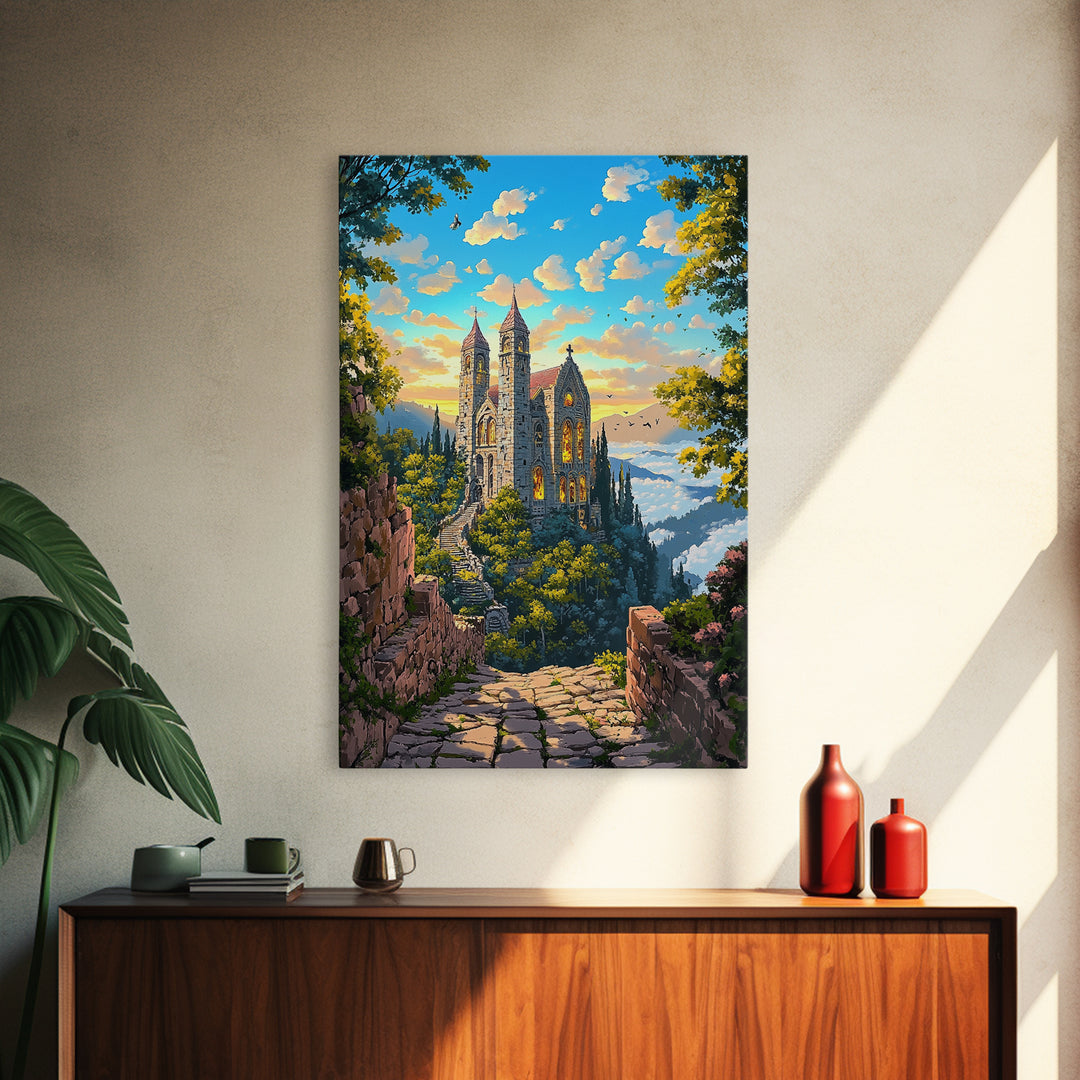 Stone Hilltop Abbey Framed Canvas Print, Fantasy Landscape Wall Art, Gothic Architecture, Nature Decor, Living Room Art, Home Decor