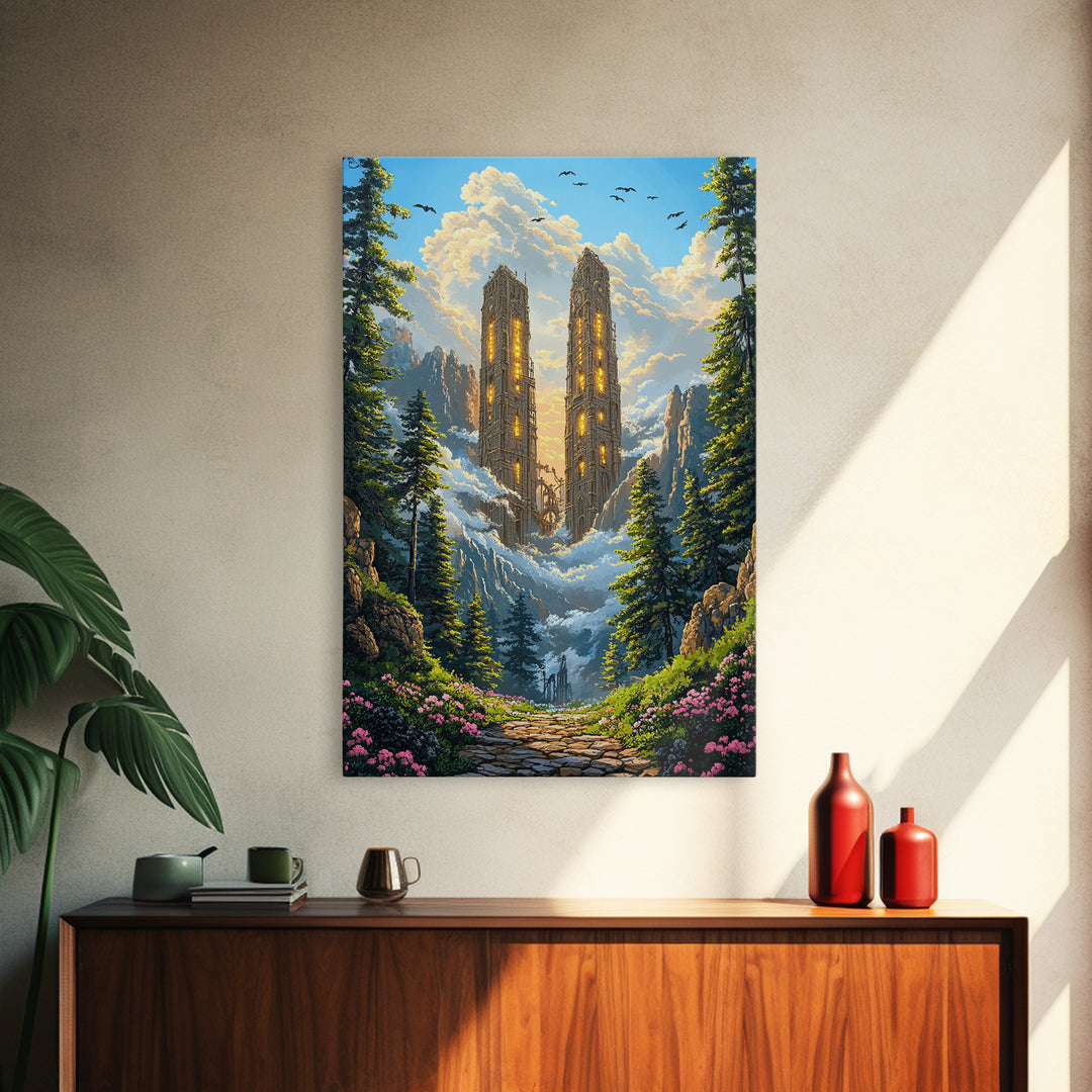 Twin Mountain Towers Canvas Print, Snowy Fantasy Landscape Wall Art, Pine Forest Decor, Large Wall Art, Living Room Decor