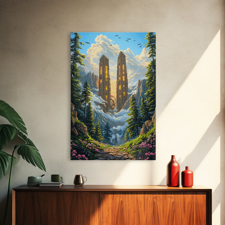Twin Mountain Towers Canvas Print, Snowy Fantasy Landscape Wall Art, Pine Forest Decor, Large Wall Art, Living Room Decor
