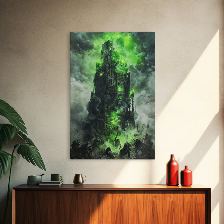 Haunted Green Fortress Canvas Print, Dark Fantasy Wall Art, Gothic Castle, Surreal Art, Moody Wall Decor, Gaming Room Art