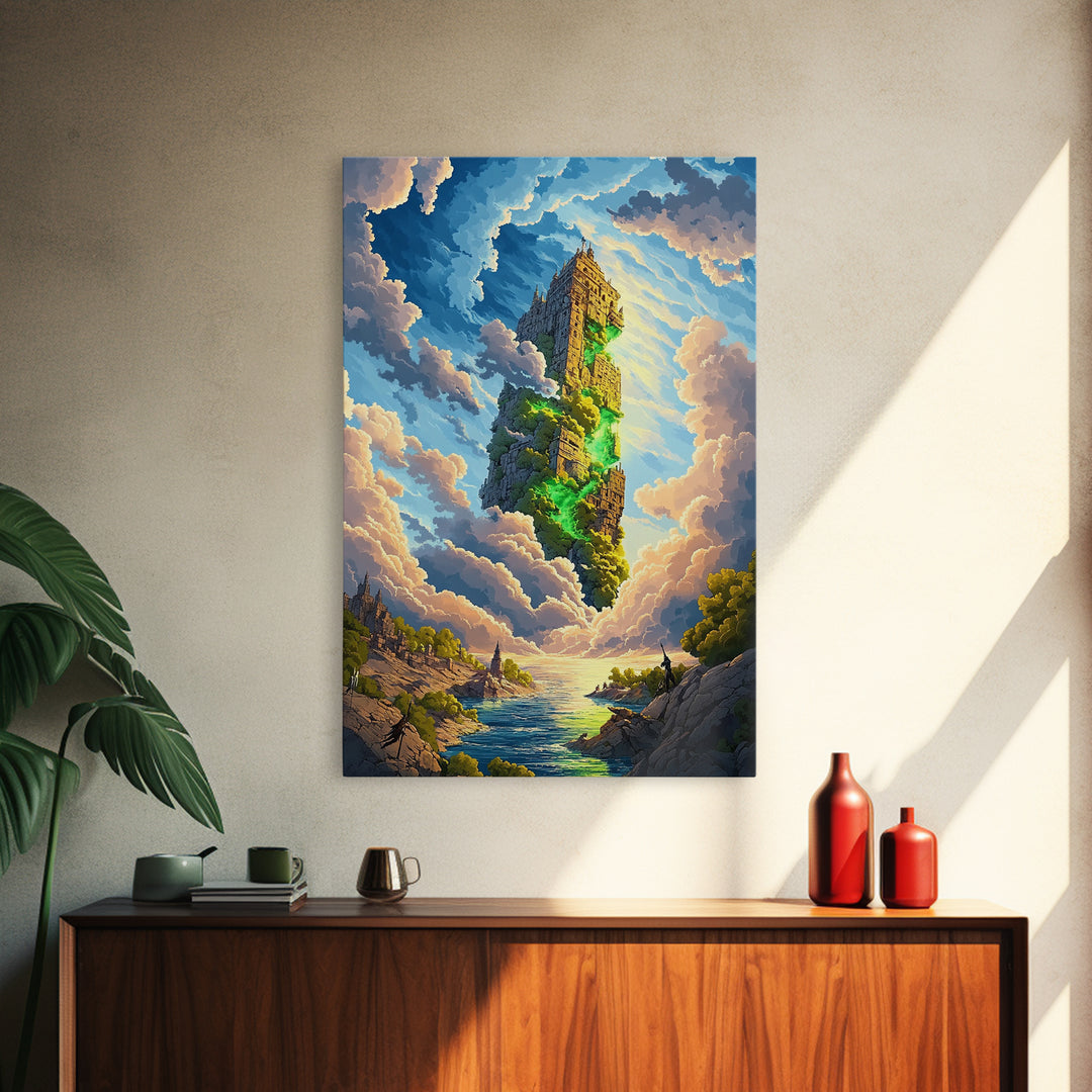 Floating Stone Tower Canvas Print, Magical Sky Island Wall Art, Fantasy Landscape, Coastal Decor, Statement Home Decor, Large Art