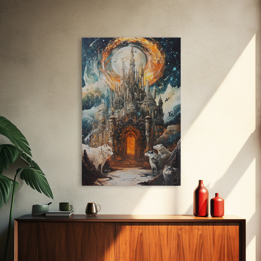 Gothic Moon Castle With Wolves Canvas Print, Fantasy Wall Art, Dark Academia Decor, Mystical Landscape, Gothic Home Decor