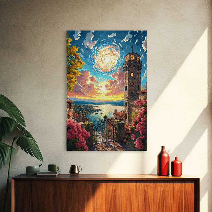 Lake Como Sunset Tower Canvas Print, Italian Coastal Wall Art, Mediterranean Decor, Travel Poster, Elegant Living Room Decor